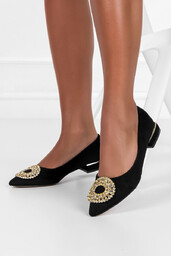 Czarne baleriny z ozdobą damskie ze skórzaną wkładką