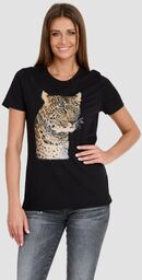 GUESS Czarny damski T-shirt Leopard Jewel Easy Tee,