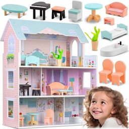Duży Drewniany domek dla lalek, 3-piętrowy, Ricokids, RK-878