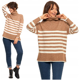 SWETER DAMSKI w Paski Golf Luźny Wygodny Beżowy