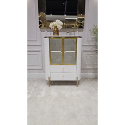 KOMODA biała Anne, złote elementy, 2-drzwiowa, styl glamour