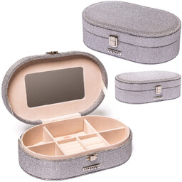 Elegancka szkatułka na biżuterię w srebrnym kolorze, zamykana