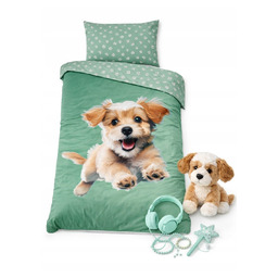 Pościel dziecięca wesoły piesek pies 140x200 zielona oliwkowa