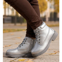 Zimowe dziewczęce botki trapery sznurowane srebrne