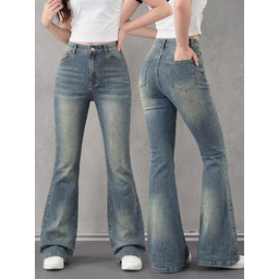 Shein Jeansy Dziewczęce Dzwony Niebieskie Z Przetarciami 158