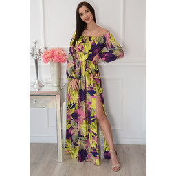 Sukienka maxi hiszpanka w kwiaty fiolet-limonka Alisa