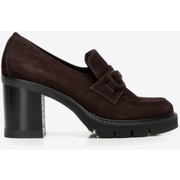 Damskie czółenka ze skóry zamszowej na słupku brązowe