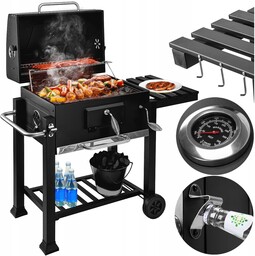 Grill Węglowy Ogrodowy Pokrywa Popielnik Termometr Regulacja Paleniska