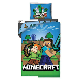 Halantex Pościel bawełniana 140x200 Minecraft niebieska poszewka 50x70
