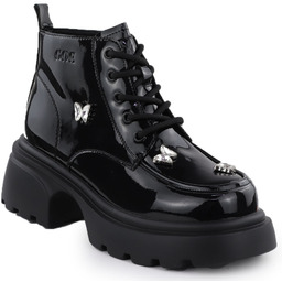 Skórzane botki damskie lakierowane workery z motylami czarne