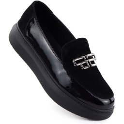 Skórzane półbuty damskie na platformie lakierowane czarne Filippo