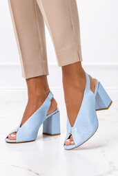 Niebieskie sandały na klocku zabudowane ażurowe POLSKA SKÓRA