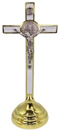 Krzyż stojący - Benedyktyński biało-złoty - 19cm