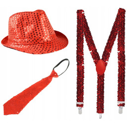 ZESTAW CZERWONY KAPELUSZ CEKINOWY FEDORA KRAWAT SZELKI CEKIN