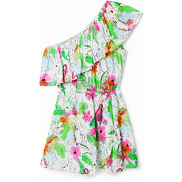 Krótka sukienka asymetryczna w tropikalny deseń