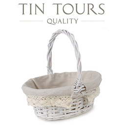 BIAŁY OWALNY KOSZYK WIKLINOWY Z MATERIAŁEM 30x25x13/30 cm