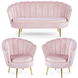 Sofa muszelka + 2 fotele ELIF różowy welur