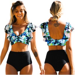 STRÓJ KĄPIELOWY DWUCZĘŚCIOWY CZARNY WYSOKI STAN KOMPLET DAMSKI