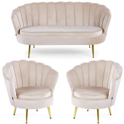 Sofa + 2 fotele muszelki ELIF beżowy welur,