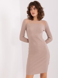 Ciemnobeżowa sukienka basic w prążek BASIC FEEL GOOD-L/XL