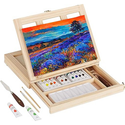 Relaxdays Sztaluga stołowa drewniana, 19-częściowa, z płótnem, pędzlem,