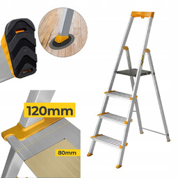 Drabina aluminiowa domowa Półka 4 stopniowa Szerokie stopnie