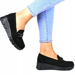 PÓŁBUTY BUTY MOKASYNY NA KOTURNIE Z KLAMRĄ CZARNE