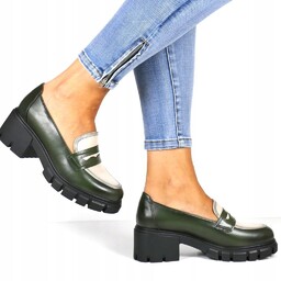 LAOFERSY ZIELONE PÓŁBUTY MOKASYNY NA PLATFORMIE GRUBA PODESZWA