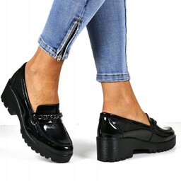 SKÓRZANE BUTY DAMSKIE PÓŁBUTY KOTURNA MOKASYNY Z ŁAŃCUSZKIEM