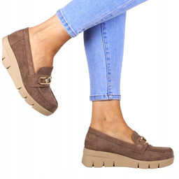 PÓŁBUTY BUTY MOKASYNY NA KOTURNIE Z KLAMRĄ KHAKI