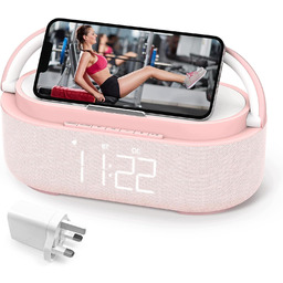 Różowy Głośnik Bluetooth Budzik Radio Fm Ładowarka Indukcyjna