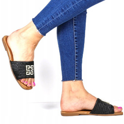 KLAPKI CZARNE DAMSKIE PLECIONE Z OZODOBĄ NA PŁASKIEJ