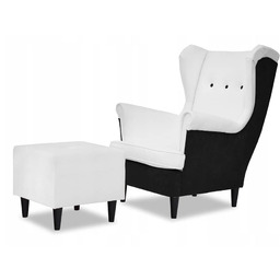 Fotel uszak z pufką PERŁOWA BIEL z czernią