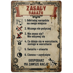 Zasady garażu - drewniana tabliczka z nadrukiem