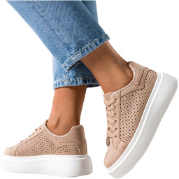 Beżowe sneakersy damskie buty sportowe ażurowe na platformie