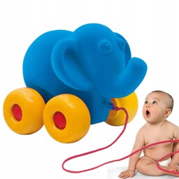 zabawka sensoryczna dla niemowlaka słoń na kółkach niebieski