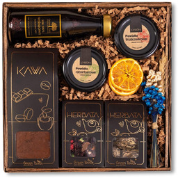 Kosz prezentowy zestaw herbat kwitnących kawa sok powidła