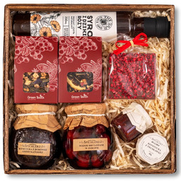 Kosz prezentowy upominek czekolada owoce konfitury herbaty syrop