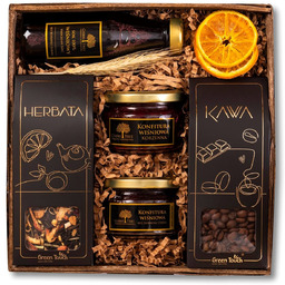 Kosz prezentowy upominek zestaw herbata kawa konfitury wiśniowe