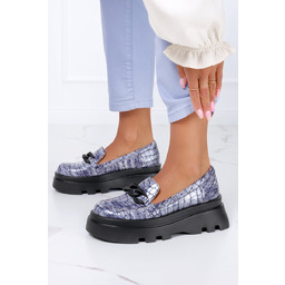 Grafitowe mokasyny lakierowane na platformie krokodyli wzór czarny