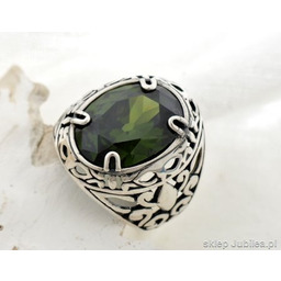 srebrny pierścień sygnet z oliwinem - LEON