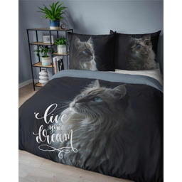 Pościel bawełniana 160x200 czarna szara kot Live your