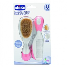 Szczotka z naturalnego włosia + grzebień różowa Chicco