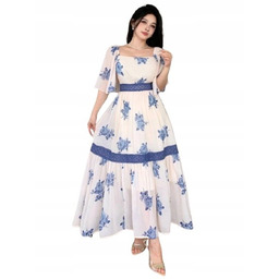 SHEIN BEŻOWO NIEBIESKA SUKIENKA ROŚLINNY PRINT Z RĘKAWEM