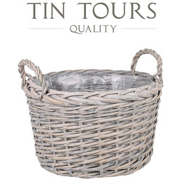 SZARY OKRĄGŁY KOSZ WIKLINOWY Z UCHWYTAMI 35x35x22/29 cm