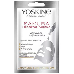 Yoskine Geisha Mask maska na srebrnej tkaninie Sakura