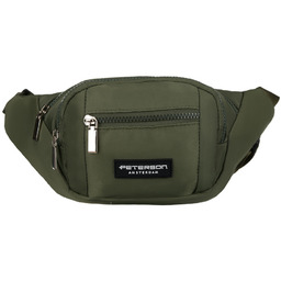 Zielona, sportowa saszetka z poliestru zawieszona na regulowanym