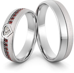 Obrączki srebrne z sercem rubinami i cyrkoniami -