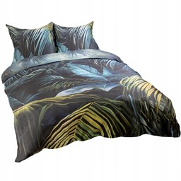 Pościel satynowa 220x200 Liście czarna turkusowa Satynlove Premium