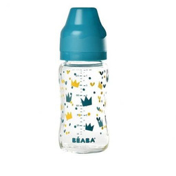 Beaba, Butelka szklana, szerokootworowa, Yellow/Blue Crown, 240 ml